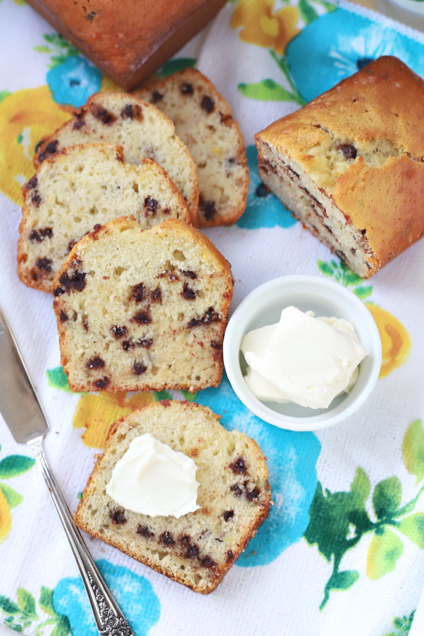 Easy recipe for chocolate chunk banana quick bread.