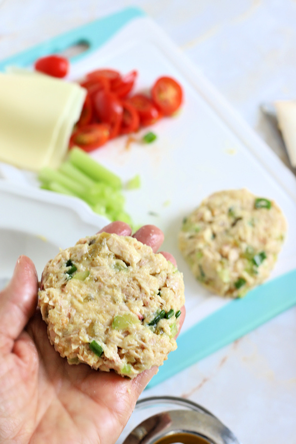 forming the patties for a classic tuna melt sandwich on a bun or English muffin