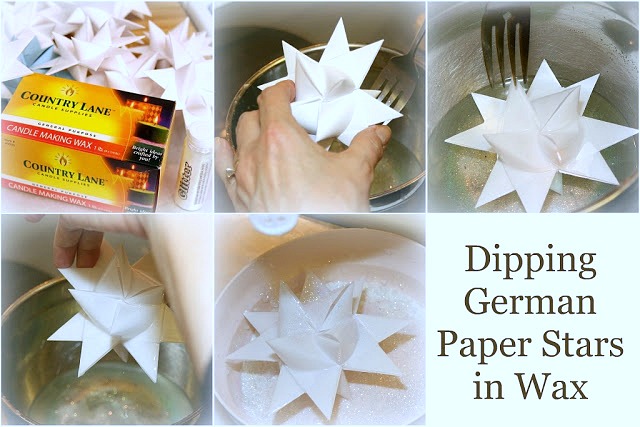 Tutorial for dipping folded paper German Stars in wax to preserve and protect from outdoor elements.