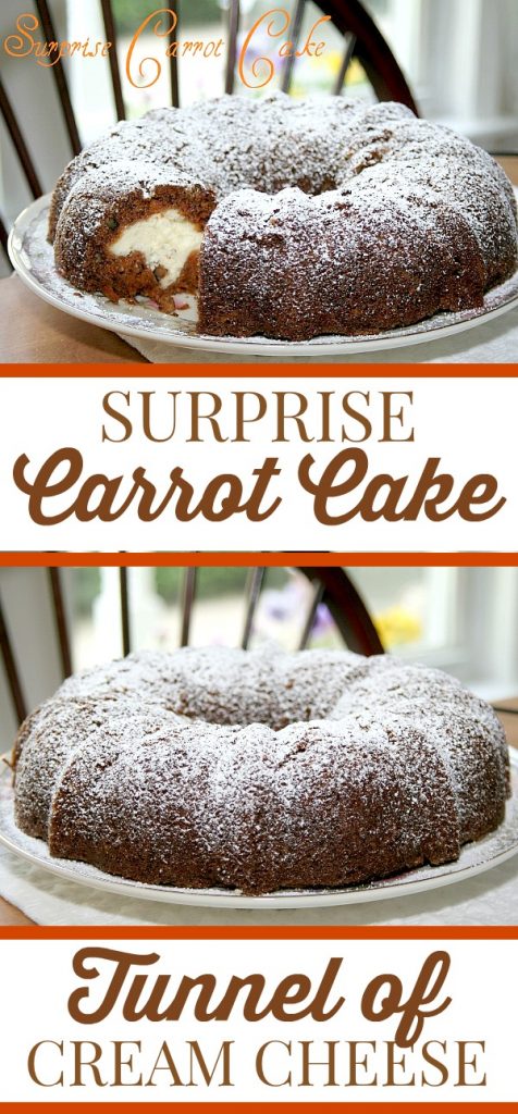 Instead of a rich cream cheese frosting piled on top, surprise carrot cake has a tunnel of sweetened cream cheese in the center. Moist and delicious!