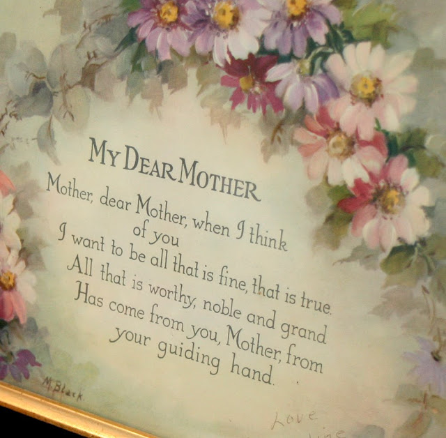 Vintage and Framed, My Dear Mother Print and Poem by M Black with muted shades of daisy-like flowers circa 1945.