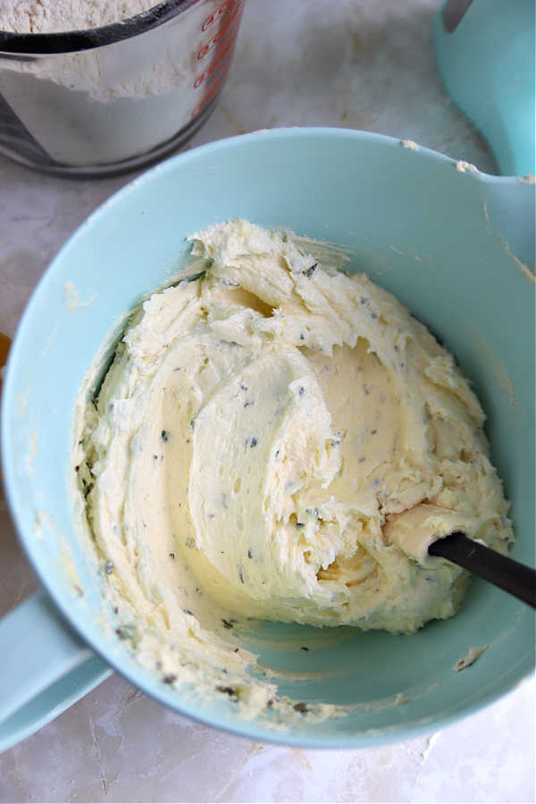 Making the batter for French Sables or lavender shortbread cookies.