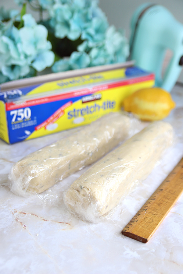 Rolling the lavender shortbread dough into a log to refrigerate for French Sables cookies.