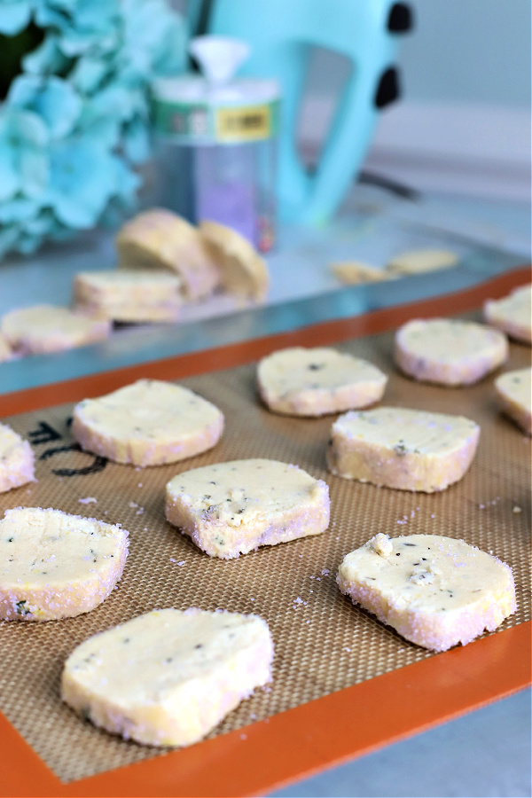 Ready to bake sliced dough log of French Sables cookies or Lavender shortbread.