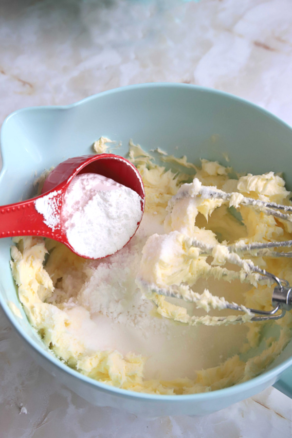 Making the batter for French Sables or lavender shortbread cookies.