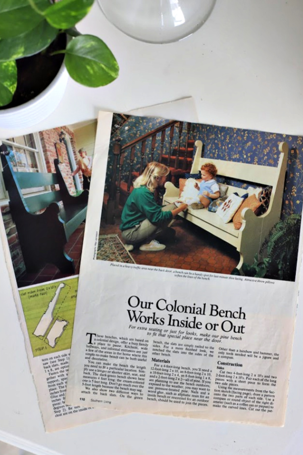 Handmade colonial wooden bench from a vintage Southern Living pattern has found a home in the kitchen, on the front porch and on the patio.