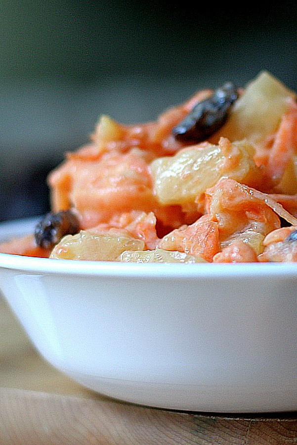 Crunchy carrot salad is a healthy, no-cook side dish. Pineapple and raisins give great flavor to this perfect compliment to your Easter or holiday dinner menu. Such an easy recipe!