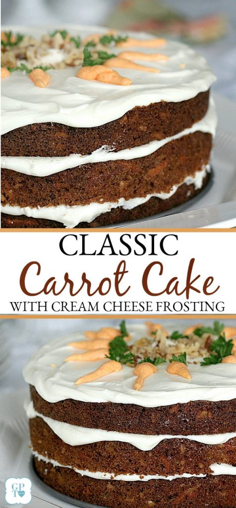 Classic three-layer carrot cake with cream cheese frosting is incredibly moist and delicious! Flecks of carrot, nuts and lightly spiced with cinnamon.