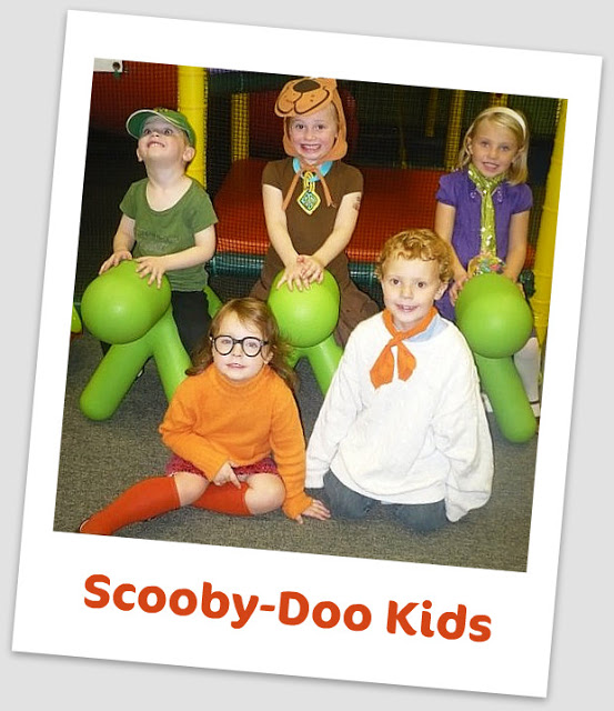 Adorable Scooby Doo characters, Velma, Daphne and Freddie, easy to pull together Halloween costumes using thrift store finds. 