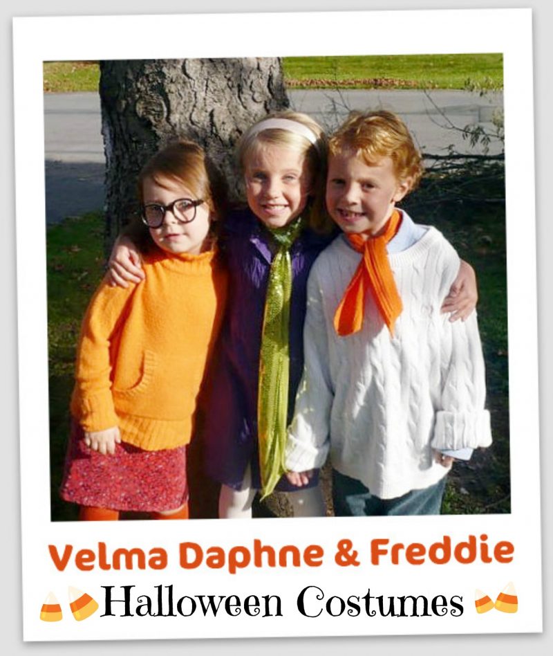 Adorable Scooby Doo characters, Velma, Daphne and Freddie, easy to pull together Halloween costumes using thrift store finds. 