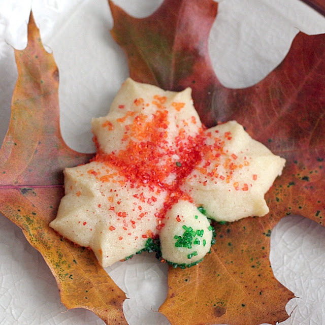 Colorful, buttery and tender Spritz cookies made easy with a cookie press. Leaf shape lovely for autumn and Thanksgiving dessert table.