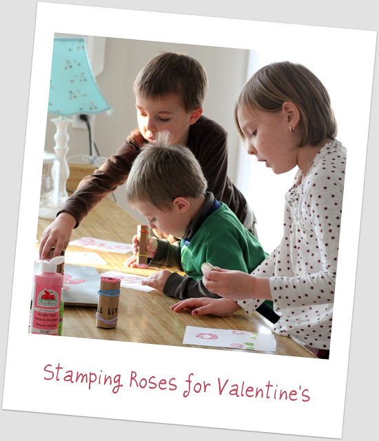 Stamped Valentine's to make with Kids is a fun and easy project. Rolled cardboard is used to create a rose pattern to stamp a lovely design to give to Mom.