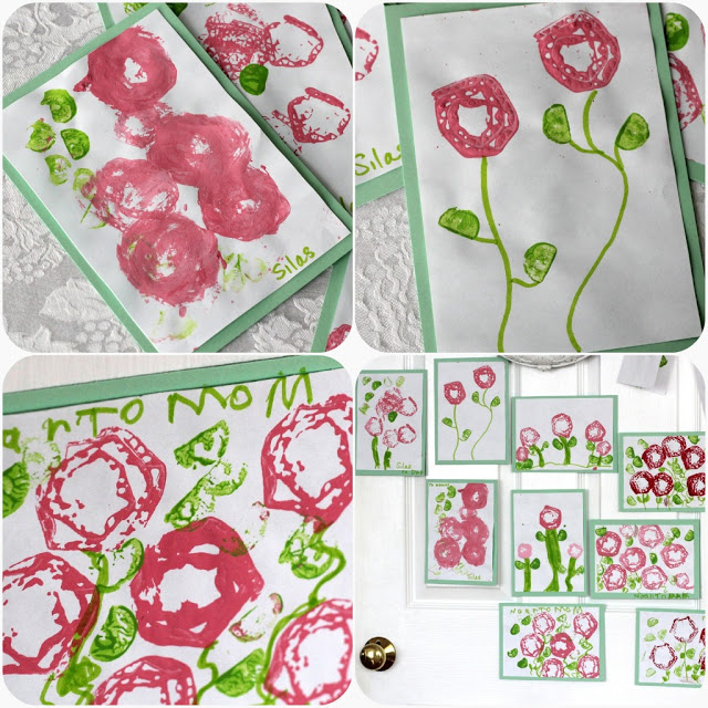 Stamped Valentine's to make with Kids is a fun and easy project. Rolled cardboard is used to create a rose pattern to stamp a lovely design to give to Mom.