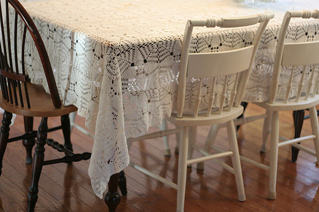 A lovely example of grandmother's workmanship and handiwork is her vintage tablecloth. Crocheted in the pineapple pattern and made in the 1940's using tiny crochet hooks.