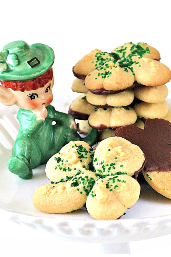 Yummy little butter cookies in the shape of Shamrocks with green sugar and a chocolate coating on the back just might make the little Leprechauns in your house happy.