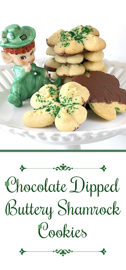 Chocolate dipped buttery spritz shamrock cookies St Patrick's