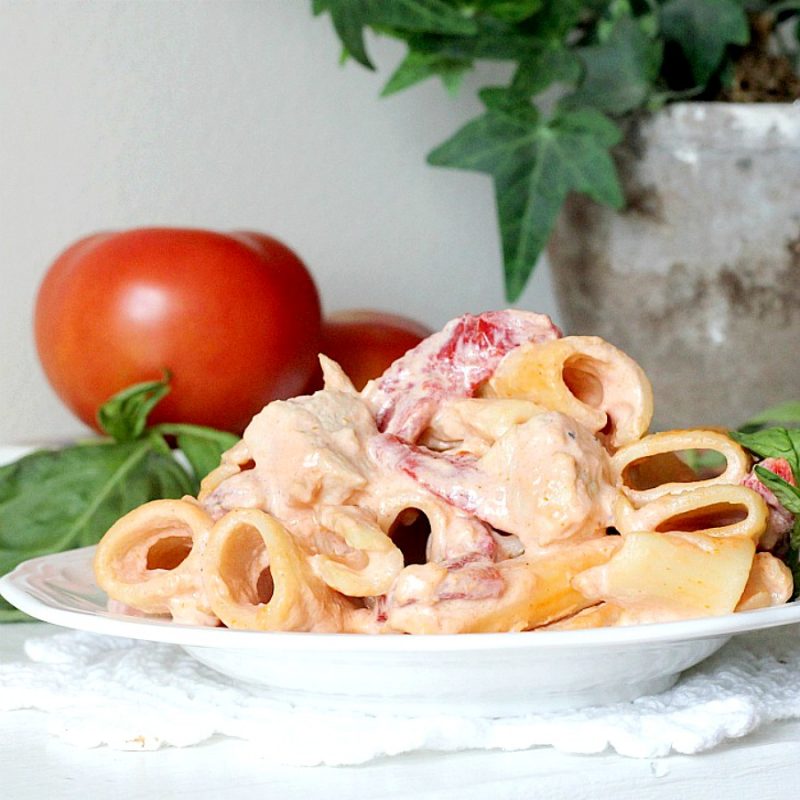 Chicken or Utica Riggies is an Italian-American pasta dish native to the Utica-Rome area of New York State. It is a pasta dish consisting of chicken, rigatoni and hot or sweet peppers in a spicy cream and tomato sauce.