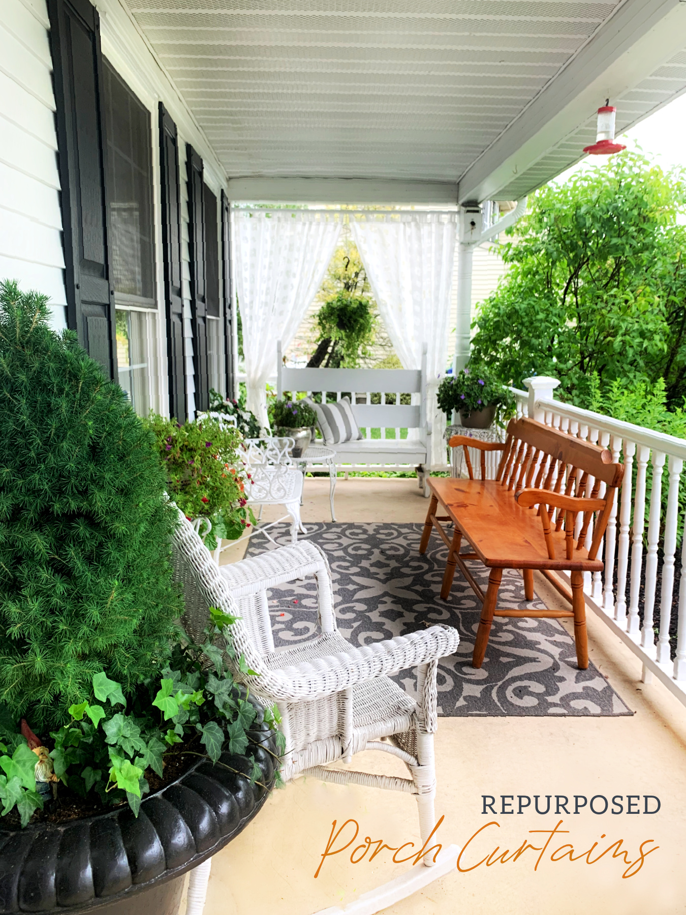 Easy how-to for creating a welcoming, breezy porch using repurposed sheer curtains to give a little privacy, romance and curb appeal to your home.