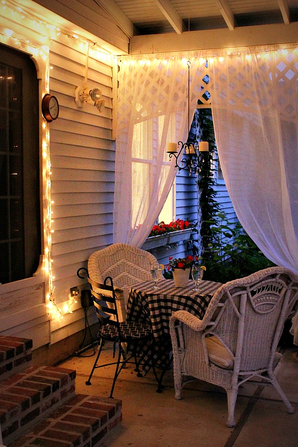 Create an inviting ambiance for dining and entertaining with an easy up-cycling DIY. Re-purposed Curtains for the Patio look lovely and romantic.