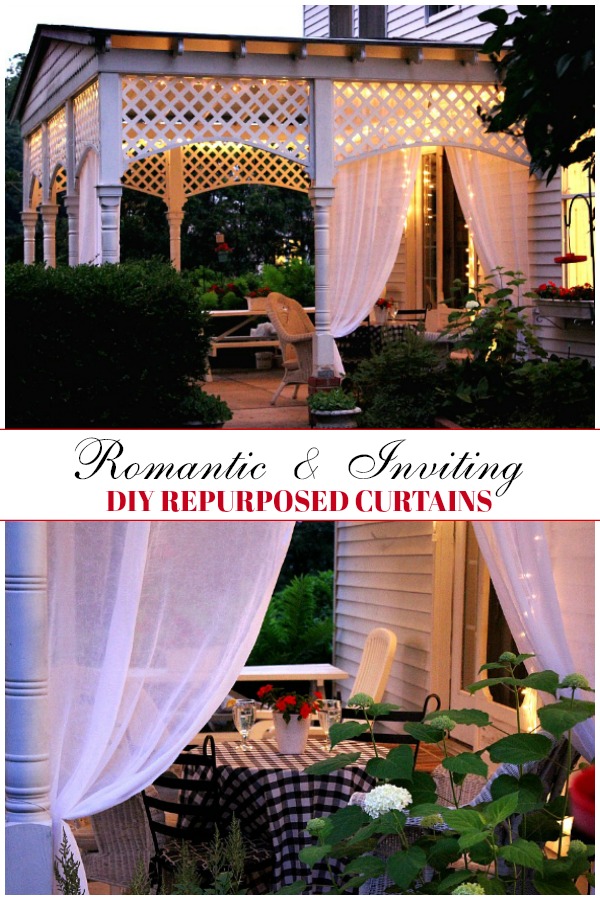 Create an inviting ambiance for dining and entertaining with an easy up-cycling DIY. Re-purposed Curtains for the Patio look lovely and romantic.