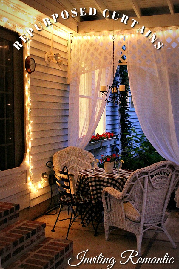 Create an inviting ambiance for dining and entertaining with an easy up-cycling DIY. Re-purposed Curtains for the Patio look lovely and romantic.