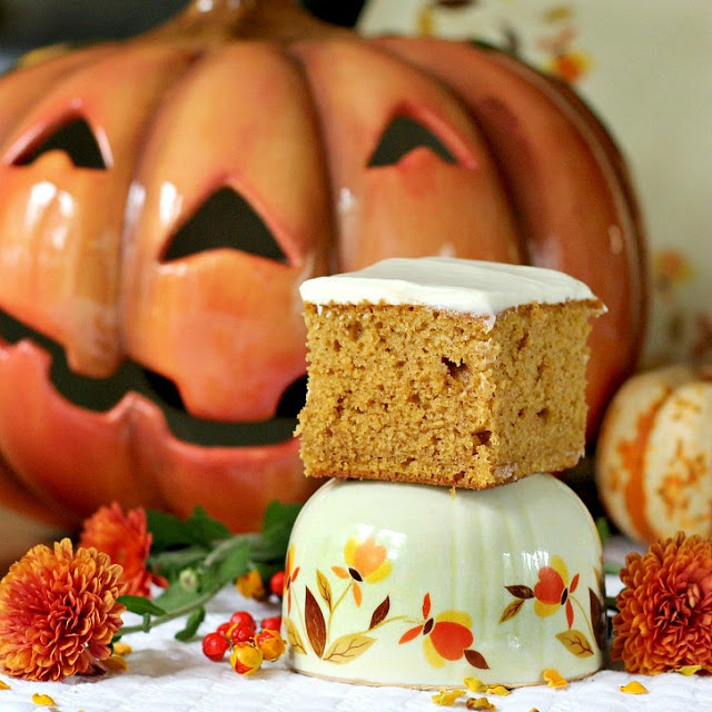 Pumpkin bars with cream cheese frosting is an easy autumn recipe filled with warm fall flavors. Perfect with a cold glass of milk for snacking or with coffee or tea for break time.  