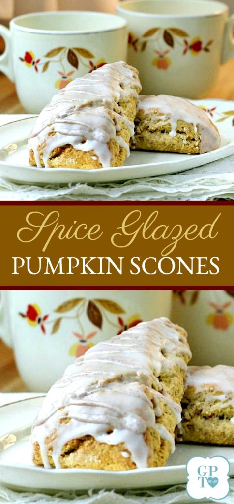 Easy recipe for spice glazed pumpkin scones with cinnamon, nutmeg, cloves and ginger. Delicious autumn breakfast or snack treat.