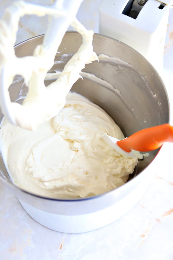 Making the batter for triple lemon cheesecake dessert.