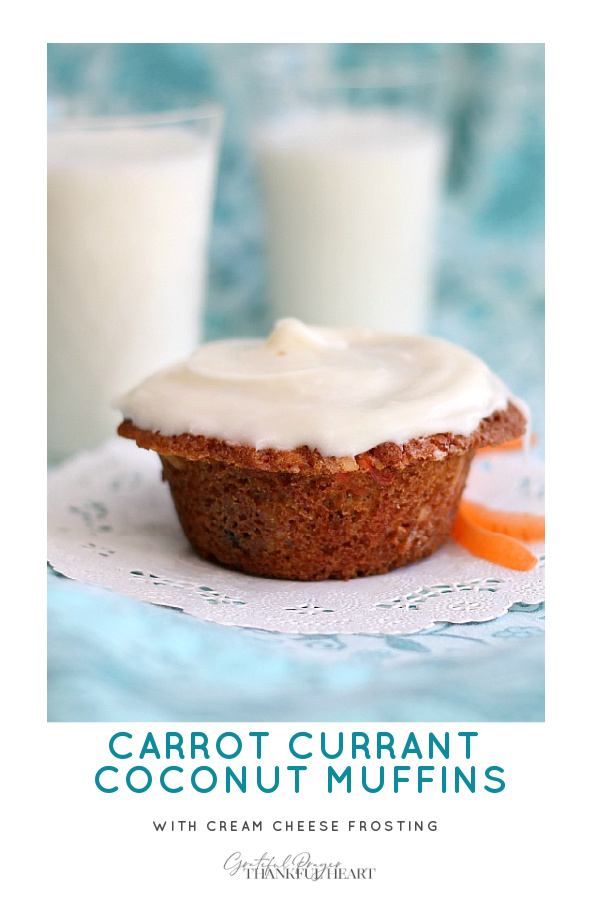 Carrot, Currant & Coconut Muffins served plain or with Cream Cheese Frosting. Make healthier by substituting applesauce for the butter.