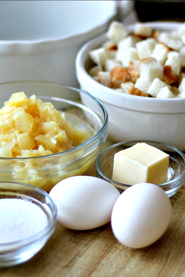 Pineapple spoonbread, also called pineapple casserole or soufflé is the perfect side dish for baked ham for Easter or holiday dinner. It is so easy, made with bread cubes, butter and crushed pineapple.