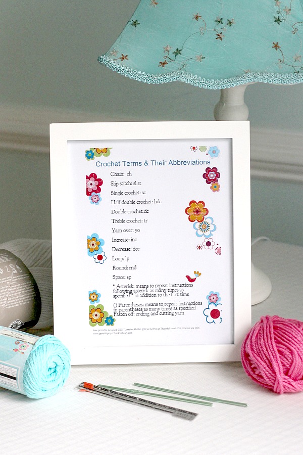 Print out and frame this cute chart with the terms and abbreviations used in crochet patterns. Display on your craft table for quick reference and to brighten the area. 