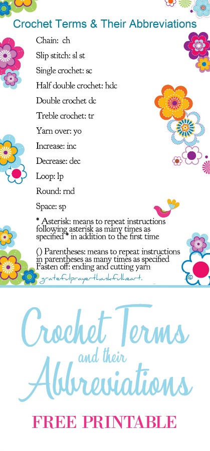 Print out and frame this cute FREE printable chart with the terms and abbreviations used in crochet patterns. Display on your craft table for quick reference and to brighten the area. 