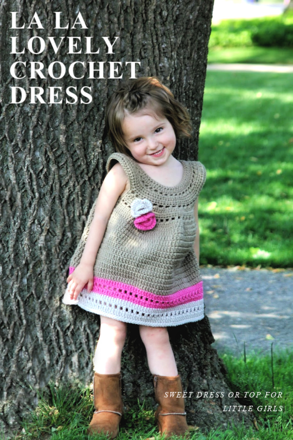 Sweet crochet top or dress for little girls from La La Lovely pattern. Easy Etsy pattern for an adorable outfit for kids clothing.