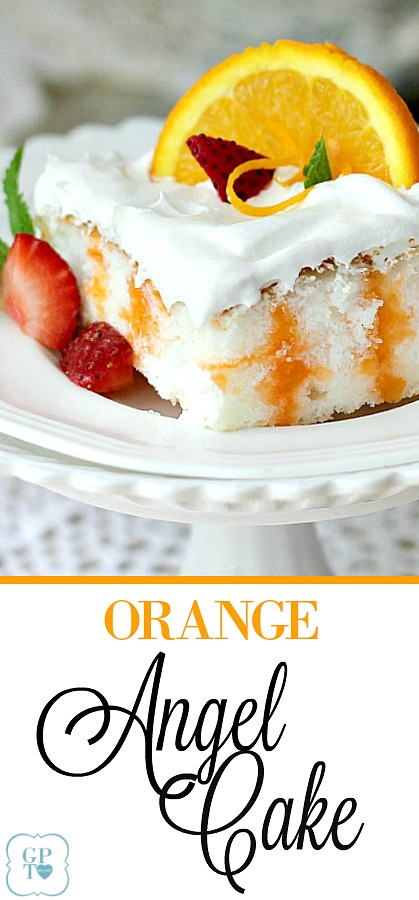 Easy recipe for Orange Angel Cake begins with a box mix. Poke holes throughout the baked cake and pour gelatin mixture over; cool and spread with whipped topping. Delicious!