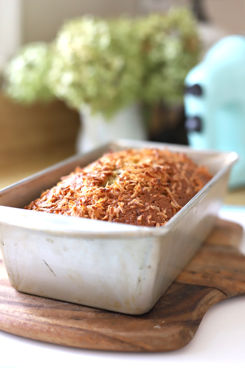 From the oven, coconut banana quick bread with chocolate chips.