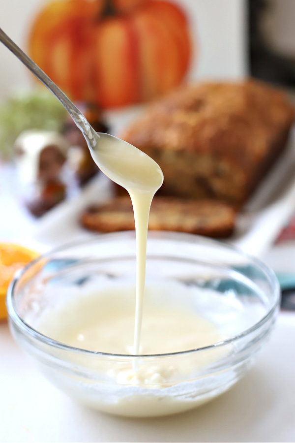 Orange citrus glaze for coconut banana quick bread.