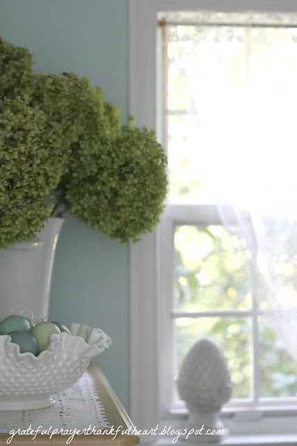 Easy DIY Powder Room redo in Aqua frost paint color with pretty white accents found around the house and re-purposed to create a lovely room on a budget.