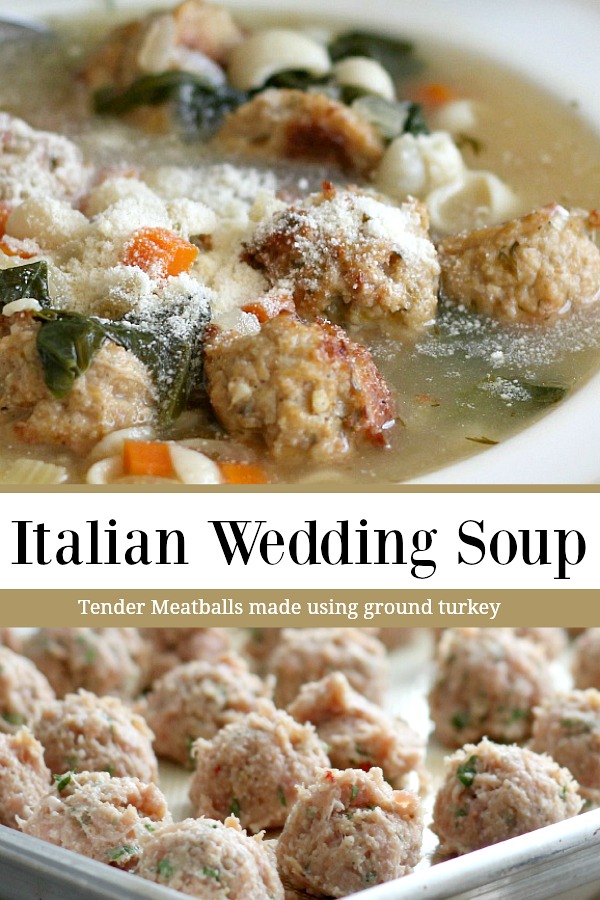 Tender meatballs made with ground chicken and sausage with pasta and vegetables in this easy recipe for classic Italian Wedding Soup. A delicious soup!