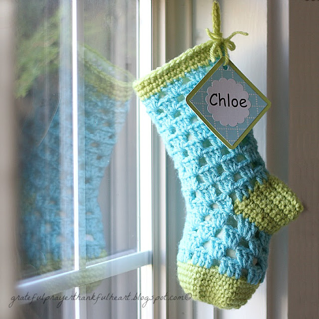 Pattern for crochet stocking for baby's 1st Christmas, It is lined with fabric to keep treasures safely inside. Just the right size for baby.