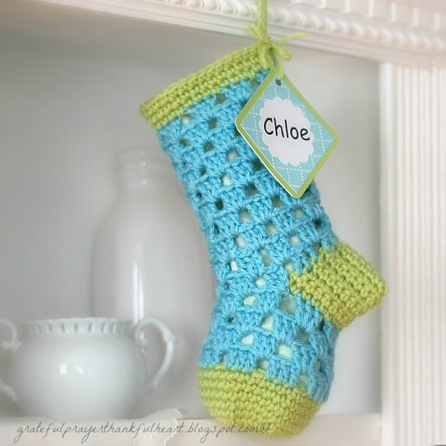 Pattern for crochet stocking for baby's 1st Christmas, It is lined with fabric to keep treasures safely inside. Just the right size for baby.