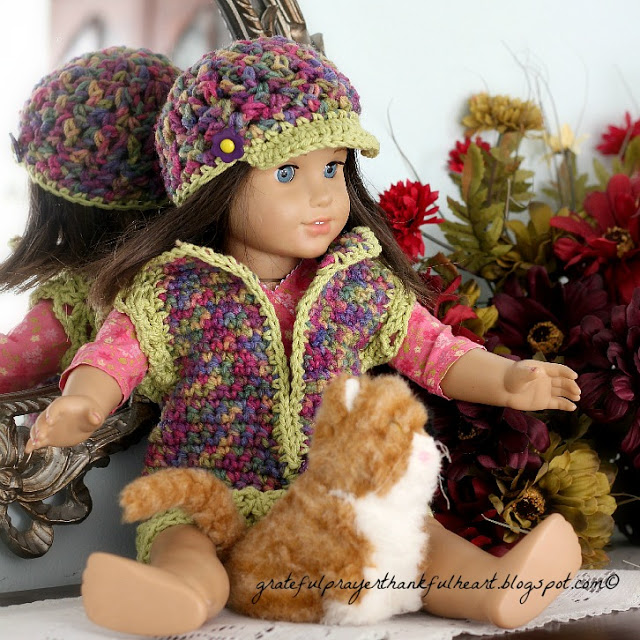 Adorable sweater vest with matching beanie hat American Girl Crochet Pattern for dolls. Work in solid color, make stripes or variegated to vary look.