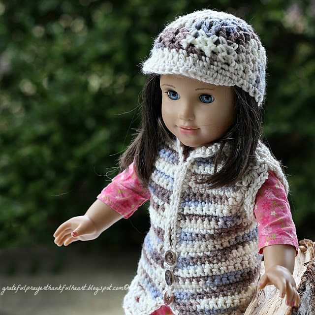 Adorable sweater vest with matching beanie hat American Girl Crochet Pattern for dolls. Work in solid color, make stripes or variegated to vary look.