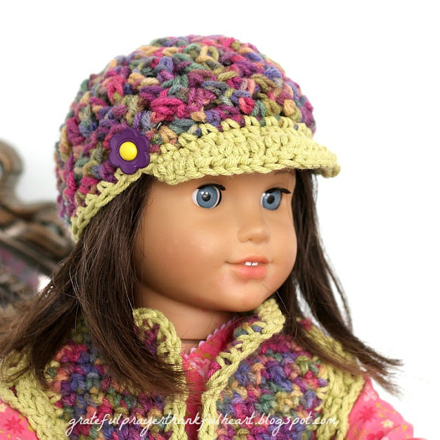 Adorable sweater vest with matching beanie hat American Girl Crochet Pattern for dolls. Work in solid color, make stripes or variegated to vary look.