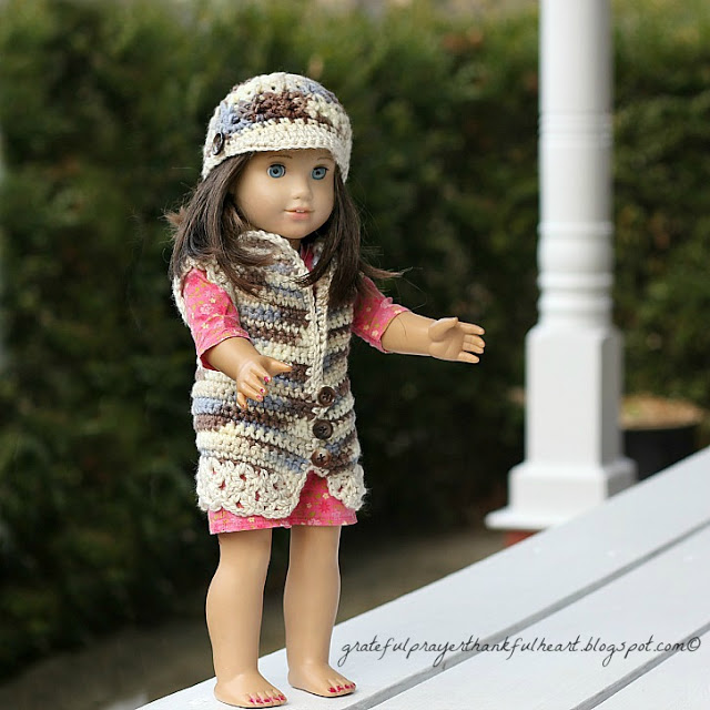 Adorable sweater vest with matching beanie hat American Girl Crochet Pattern for dolls. Work in solid color, make stripes or variegated to vary look.