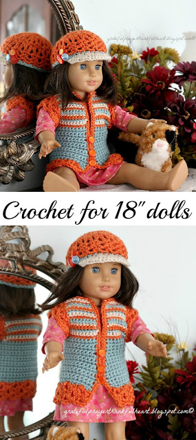 Adorable sweater vest with matching beanie hat American Girl Crochet Pattern for dolls. Work in solid color, make stripes or variegated to vary look.