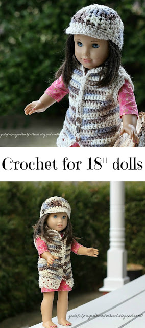 Adorable sweater vest with matching beanie hat American Girl Crochet Pattern for dolls. Work in solid color, make stripes or variegated to vary look.