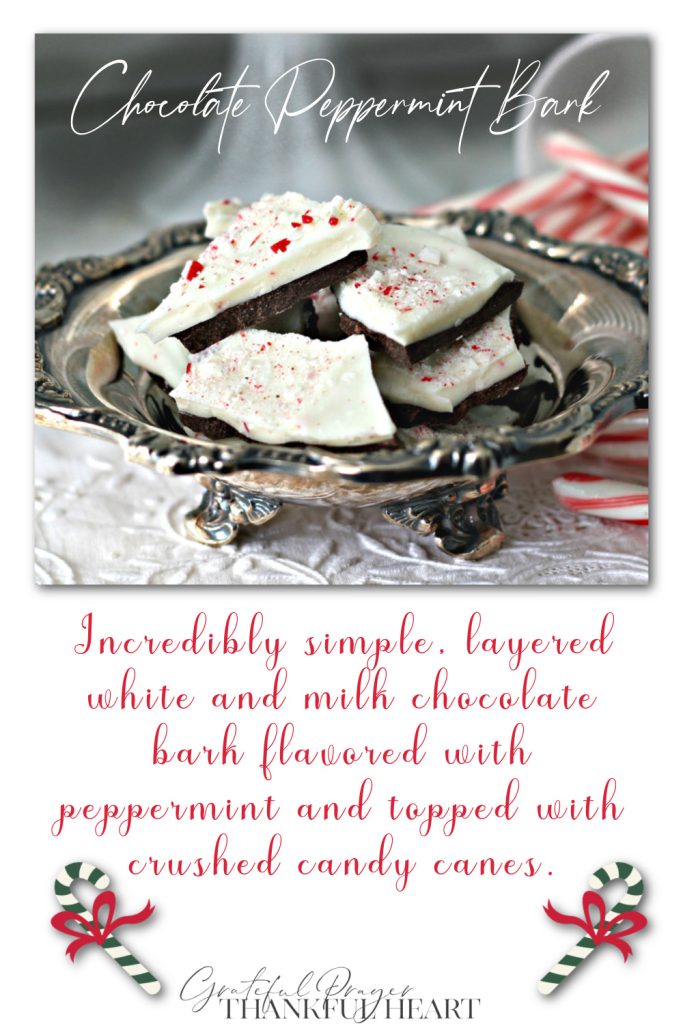 Chocolate Peppermint Bark, an easy recipe of layered white & milk chocolate flavored with peppermint and topped with crushed candy canes.