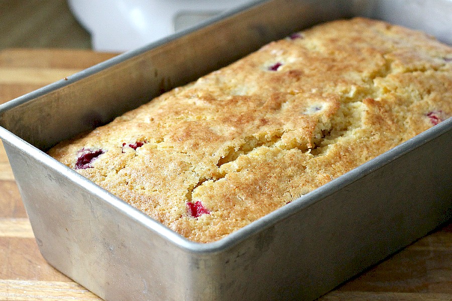 Quick, easy and delicious, Cranberry Orange Cornbread is lovely with tea for breakfast or morning coffee break time. Substitute blueberries or raspberries.