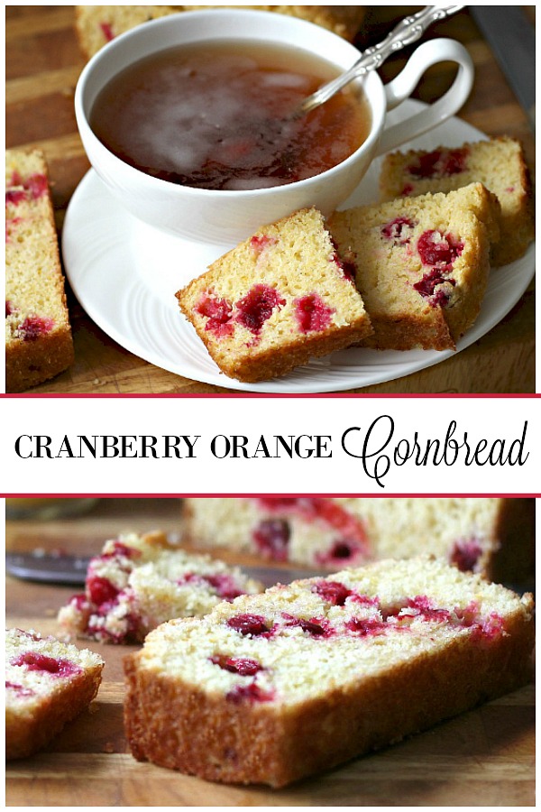 Quick, easy and delicious, Cranberry Orange Cornbread is lovely with tea for breakfast or morning coffee break time. Substitute blueberries or raspberries.