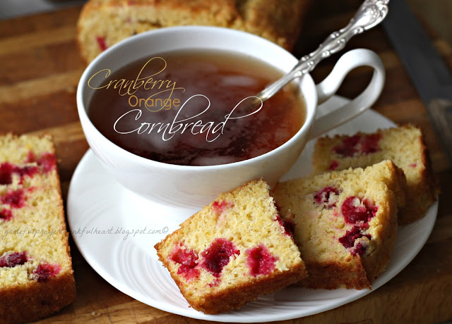 Quick, easy and delicious, Cranberry Orange Cornbread is lovely with tea for breakfast or morning coffee break time. Substitute blueberries or raspberries. 